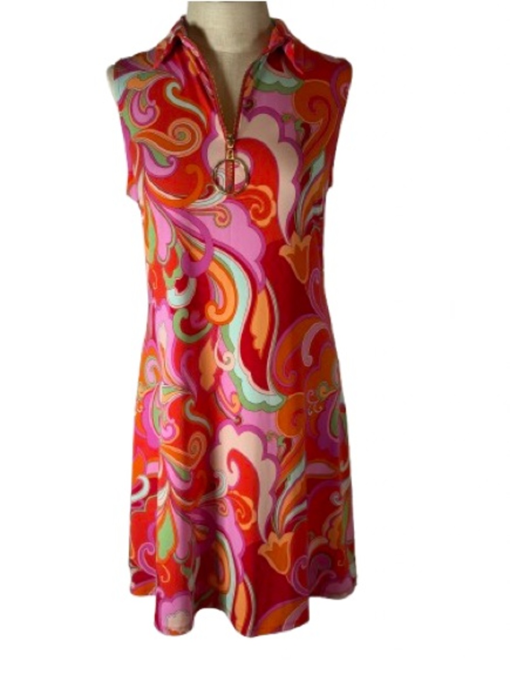 Msk Sleeveless Retro psychedelic groovy Swirl 60s inspo Dress Pink & Red small